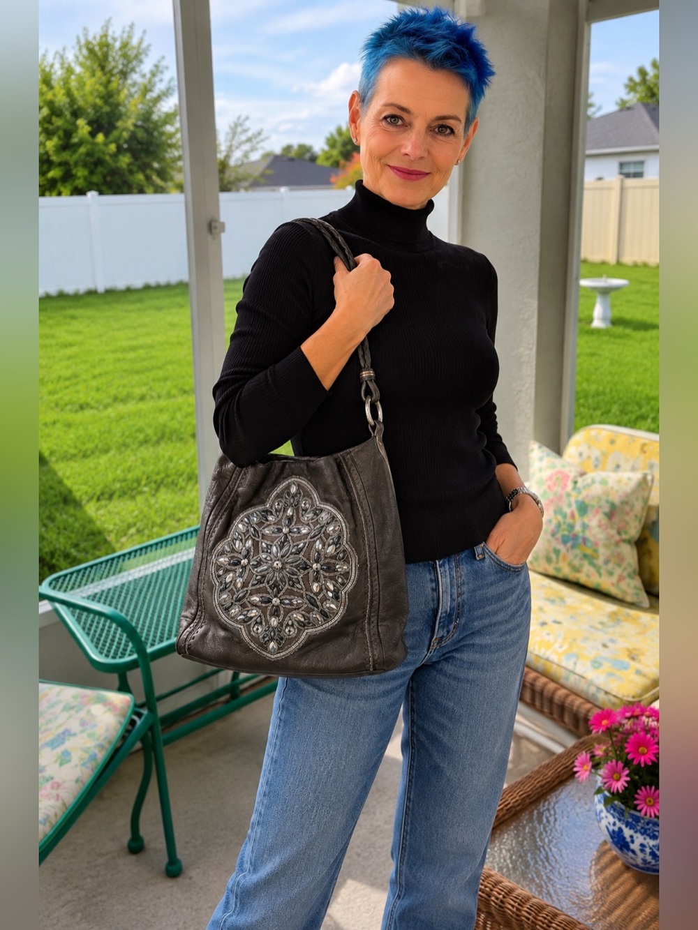 Brighton Anju Masterpiece Pewter Leather Jeweled Hobo Bag